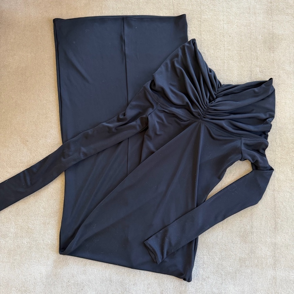 Helsa Matte Jersey Off Shoulder Ruched Long Sleeve Maxi Dress, black, XS - Picture 2 of 5
